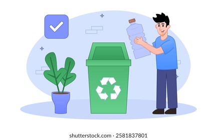 Vector flat illustration of people throwing garbage into a trash bin. People collect plastic. Garbage recycling. Green movement grass plant eco.