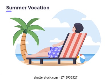 vector flat illustration people vacation in summer time holiday at tropical beach with beach ball coconut tree and people are relaxing and sunbathing. beach lounging chair. relax after hardworking. 