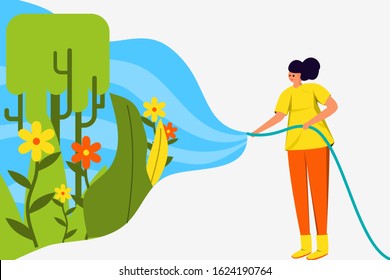 vector flat illustration People watering crops in the garden with floral item and element. can be used for web blog presentation animation banner poster motion graphic landing page promotion education