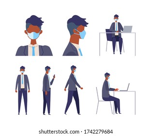 Vector flat illustration of people wearing a surgical mask. The illustration for the topic of coronavirus, flu and cold. Vector illustration in flat style.