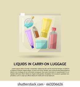 Vector flat illustration of the permissible packaging of liquid in carry-on luggage in airport. Transparent plastic bag with colored bottles inside.