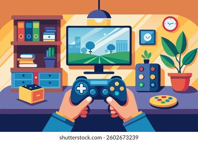 Vector flat illustration of a person playing a game console. Ideal for gaming, entertainment, and tech-related designs. Modern and simple style for versatile applications.