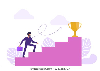 Ilustración plana vectorial. La persona corre a su objetivo por las escaleras.
