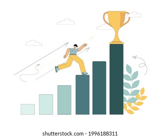 Vector flat illustration. A person runs towards his goal along the bars of the histogram. Moving up the career ladder. Motivation for success