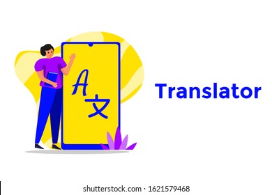 vector flat illustration person uses translator smartphone application with flat simple design. can be used for web blog presentation animation banner poster motion graphic landing page application. 