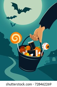 Vector flat illustration of person's hand carrying a trick-or-treat bucket full of Halloween candy, on a background of night landscape with trees and house in a distance, full moon, flying bats.