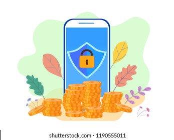 Vector flat illustration a phone with a schedule, financial services, online savings or the accumulation of money, a coin box with falling coins, curren