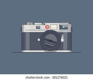 Vector flat illustration of a photo camera on a dark violet background. Photos making concept. Classical vintage photography