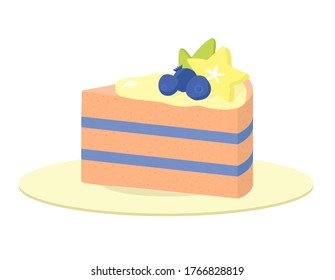 Vector flat illustration pice of blueberry carambola cake with creme  isolated on plate. Sweet dessert food for cafe banner