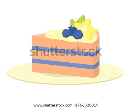 Vector flat illustration pice of blueberry carambola cake with creme  isolated on plate. Sweet dessert food for cafe banner