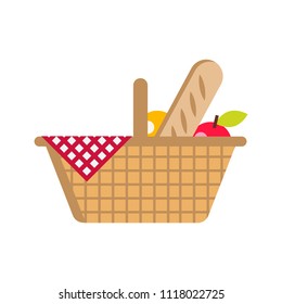 Vector flat illustration. Picnic basket with food. Bread, apple, orange and napkins in a cage. On a white background