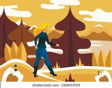 Vector flat illustration. Picture with the Scandinavian autumn landscape. Woman on a walk in the autumn forest. The girl is dressed in a blue suit. She takes care of her health.