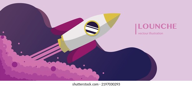 Vector flat illustration. The picture shows a spaceship and a rocket. The concept of a rocket that rises up, emits smoke. Cartoon minimal style. Suitable for the screensaver of a business site.