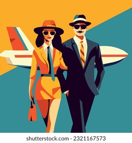 Vector flat illustration of pilot and flight attendant stewardess of commercial airlines with airplane in the background. Flat design, vector cartoon