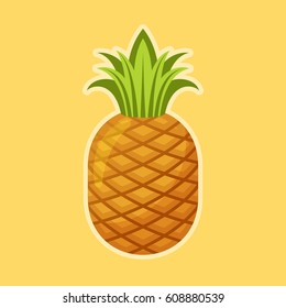 Vector flat illustration of a pineapple. Tropical healthy tasty fruit icon. Sweet ananas symbol isolated on yellow background. Fresh organic concept. Healthy food design element.