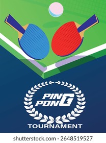 Vector flat illustration of ping pong racket, ball, tennis table, net. Design of signboard sport school, tennis club, racket sport, sport goods store, hobby, tournament winner, activity