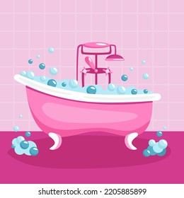 Vector flat illustration of pink bathroom in retro style. Bubble bath.