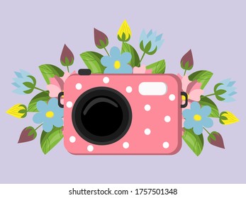 Vector flat illustration of a pink camera with flowers on a purple background