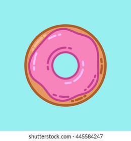 Vector flat illustration of pink donut. Thin lines. Stroke donut icon. Minimalistic sign