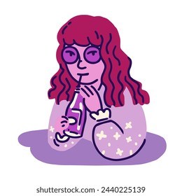 Vector flat illustration of pink girl. Woman sitting in cafe, enyoing her drink at the table. Cute cartoon character design. 