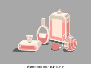 Vector flat illustration with pink perfume bottles on the grey background. Cartoon style. All elements are isolated. For flat design web pages posters. Cosmetology beauty industry. 3D model, isometry.