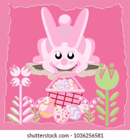 vector flat illustration of a pink rabbit near a hole among flowers looking at a basket of Easter eggs