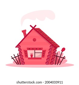 Vector flat illustration of a pink rustic cabin isolated on white background.