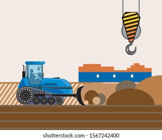 A vector flat illustration with place for text and blue crawler tractor, crane hook and brick house under construction. The tractor works with a bucket and rows the ground and copyspace in the sky
