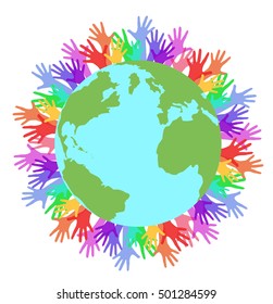 Vector flat illustration planet earth and rainbow hands of people