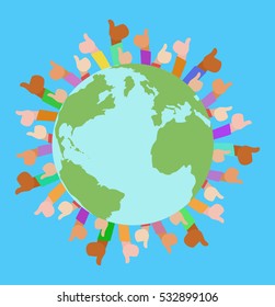 Vector flat illustration of planet Earth, human hands different nationalities showing  Like