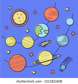 Vector flat illustration - planets of solar system, sun and stars on blue background