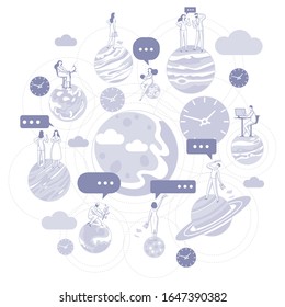 Vector flat illustration planets of the solar system with group of young development specialists. Teamwork, messages in social networks and messengers.