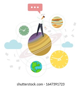 Vector flat illustration planets of the solar system with young development specialist. Teamwork, development, messages in social networks and messengers. Isolated on a white background