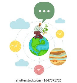 Vector flat illustration planets of the solar system with young development specialist. Teamwork, development, messages in social networks and messengers. Isolated on a white background