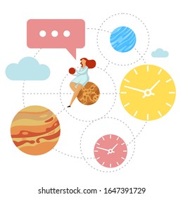 Vector flat illustration planets of the solar system with young development specialist. Teamwork, development, messages in social networks and messengers. Isolated on a white background