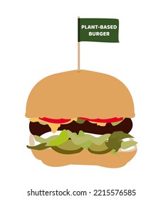 Vector flat illustration of plant-based burger with green burger flag isolated on a white background. Beef substitute or alternative, vegan, veggie, or vegetarian burger. Meatless fast food option.
