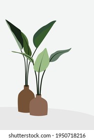 Vektorflache Illustration von Pflanzen in Vasen. Heimpflanzen in Töpfen. Grüne Blätter in braunen Blumentöpfen. Design für Postkarten, Poster, Hintergründe, Textilien, Vorlagen, Innenausstattung.