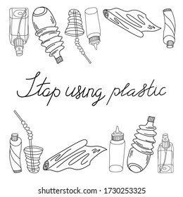 Vector flat illustration of plastic bottles and jars, and straw. Sketch. Black outline. Isolated on white background. Doodles. Hand drawn lettering. Elements for design.