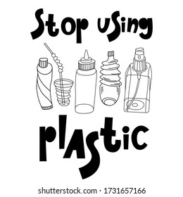 Vector flat illustration of plastic bottles and jars, and straw. Sketch. Black outline. Isolated on white background. Doodles. Hand drawn lettering. Elements for design.