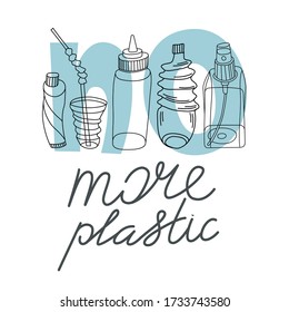 Vector flat illustration of plastic bottles and jars, and straw. Sketch. Black outline. Isolated on white background. Doodles. Hand drawn lettering. Elements for design.
