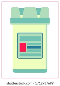 Vector flat illustration with a plastic jar for tablets. Stylized drawing for logo design, decorating clothes, 2D games or postcards. Isolated stock illustration on white background.