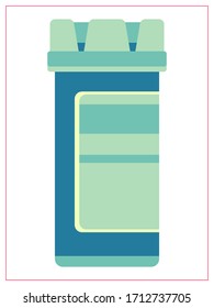 Vector flat illustration with a plastic jar for tablets. Stylized drawing for logo design, decorating clothes, 2D games or postcards. Isolated stock illustration on white background.