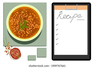 Vector flat illustration plate with lentil soup, paper on the tablet, space for text, recipe. 