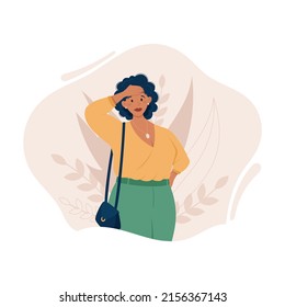 Vector flat illustration of a plump fashionable african american woman.