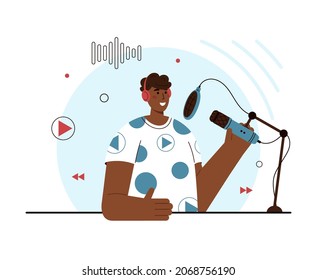 Vector flat illustration of podcaster speaking in microphone. Smiling afro american man in headphones recording audio podcast or online show in studio. Podcasting, broadcasting. White background. 