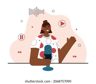 Vector flat illustration of podcaster speaking in microphone. Smiling afro american woman in headphones recording audio podcast or online show. Podcasting, broadcasting. White background. 