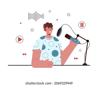Vector flat illustration of podcaster speaking in microphone. Smiling caucasian man in headphones recording audio podcast or online show in studio. Podcasting, broadcasting. White background. 