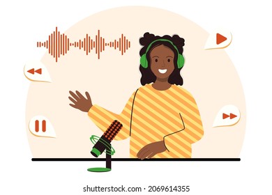 Vector flat illustration of a podcaster speaking into a microphone. Smiling African American woman with headphones is recording an audio podcast or online show. Podcasting broadcasting concept vector 
