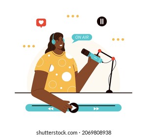 Vector flat illustration of podcaster speaking in microphone. Smiling afro american woman in headphones recording audio podcast or online show. Podcasting, broadcasting. White background. 