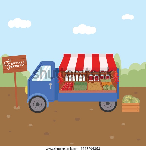 vector flat illustration\
of a point of sale of local vegetables from a truck at a local\
farmers market